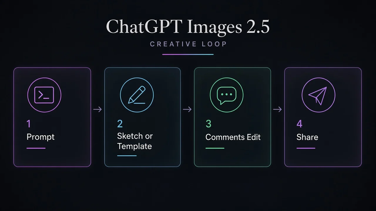 ChatGPT Images 2.5 creative loop: prompt, Sketch or template, comments, share