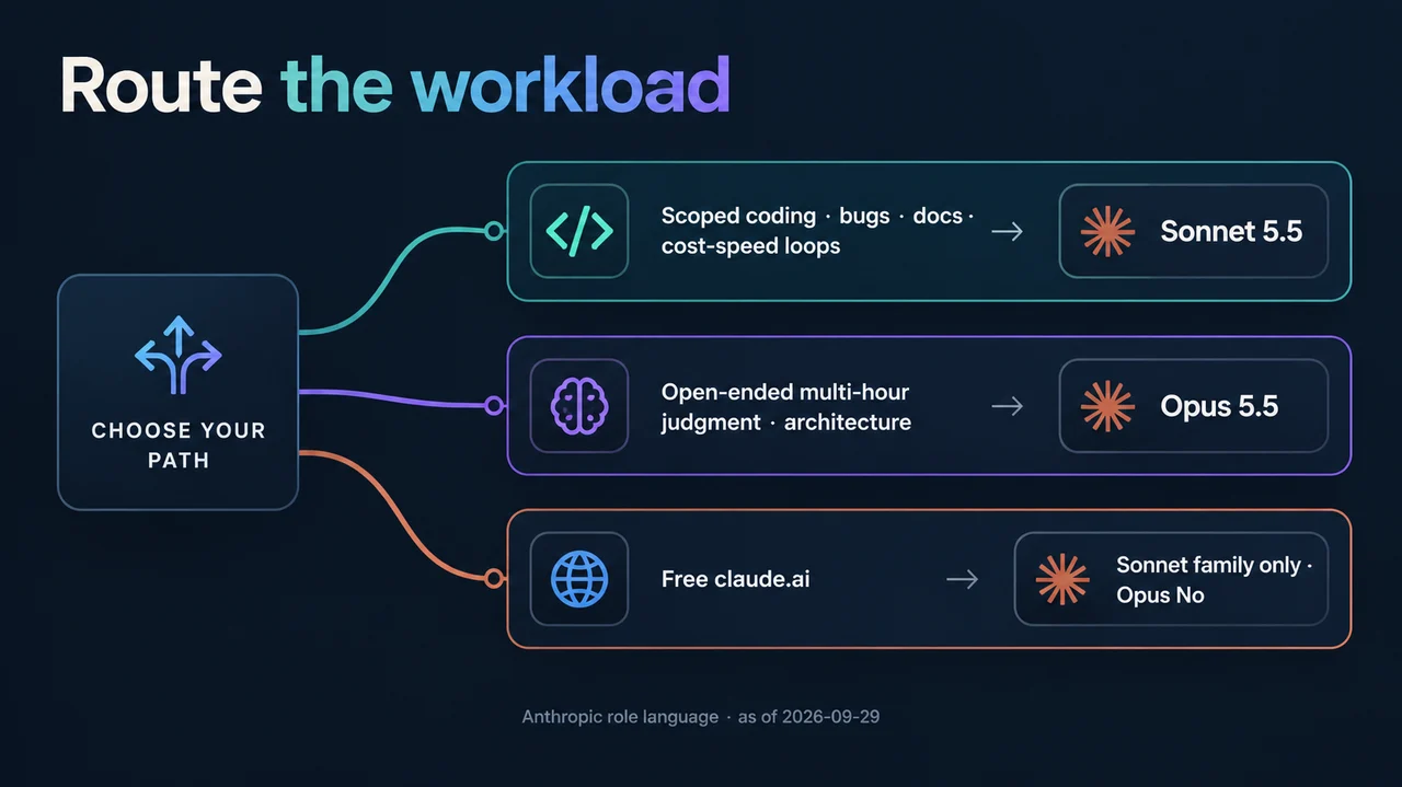 Route the workload diagram: scoped coding bugs docs and cost-speed loops to Sonnet 5.5; open-ended multi-hour judgment to Opus 5.5; Free claude.ai Sonnet family only Opus No