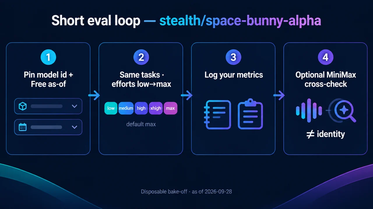 Short eval loop for stealth/space-bunny-alpha: pin model id and Free as-of, same tasks across efforts low through max, log your own metrics, optional MiniMax cross-check is not identity proof