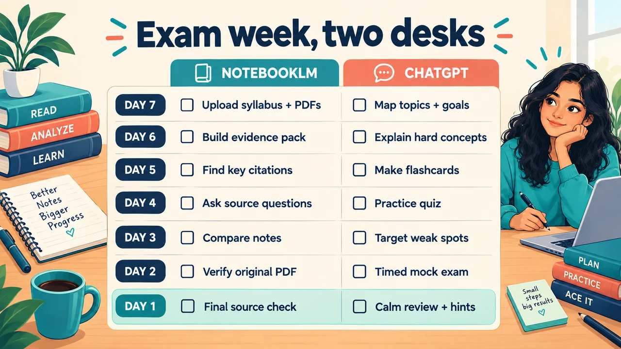 Exam week calendar with NotebookLM and ChatGPT task columns