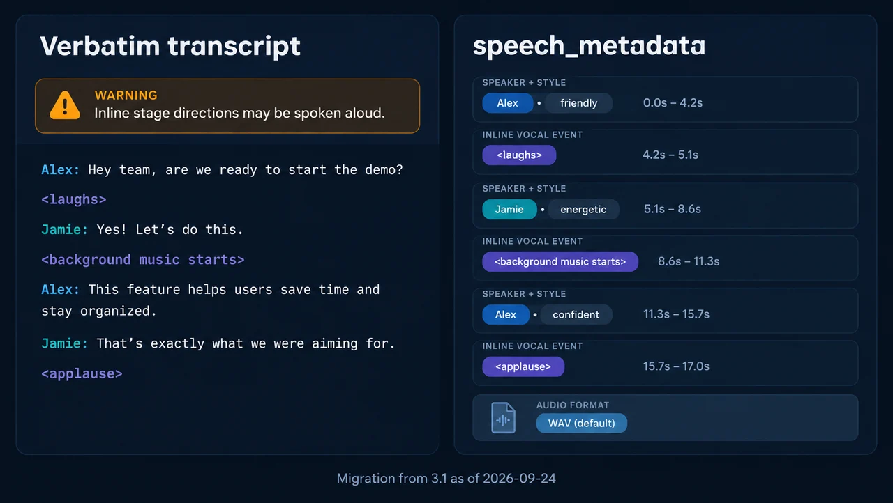 Speech metadata migration diagram moving style and speaker out of verbatim transcript text