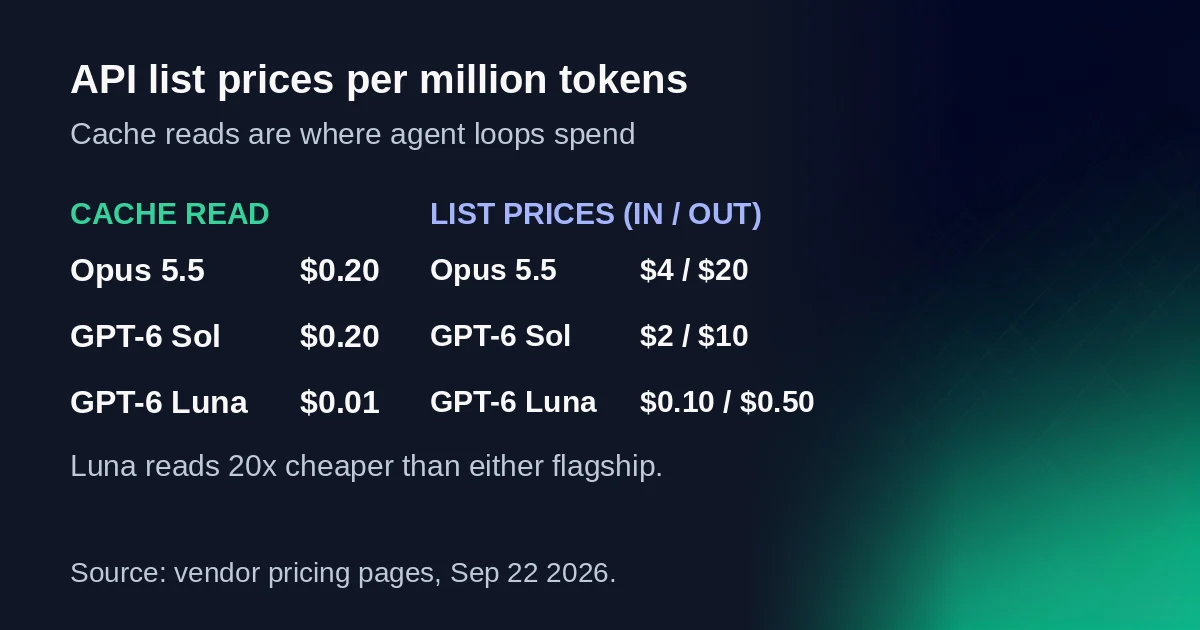 Table comparing API list prices per million tokens: Opus 5.5, GPT-6 Sol and GPT-6 Luna, with cache reads at $0.20, $0.20 and $0.01, and list prices at $4 / $20, $2 / $10 and $0.10 / $0.50