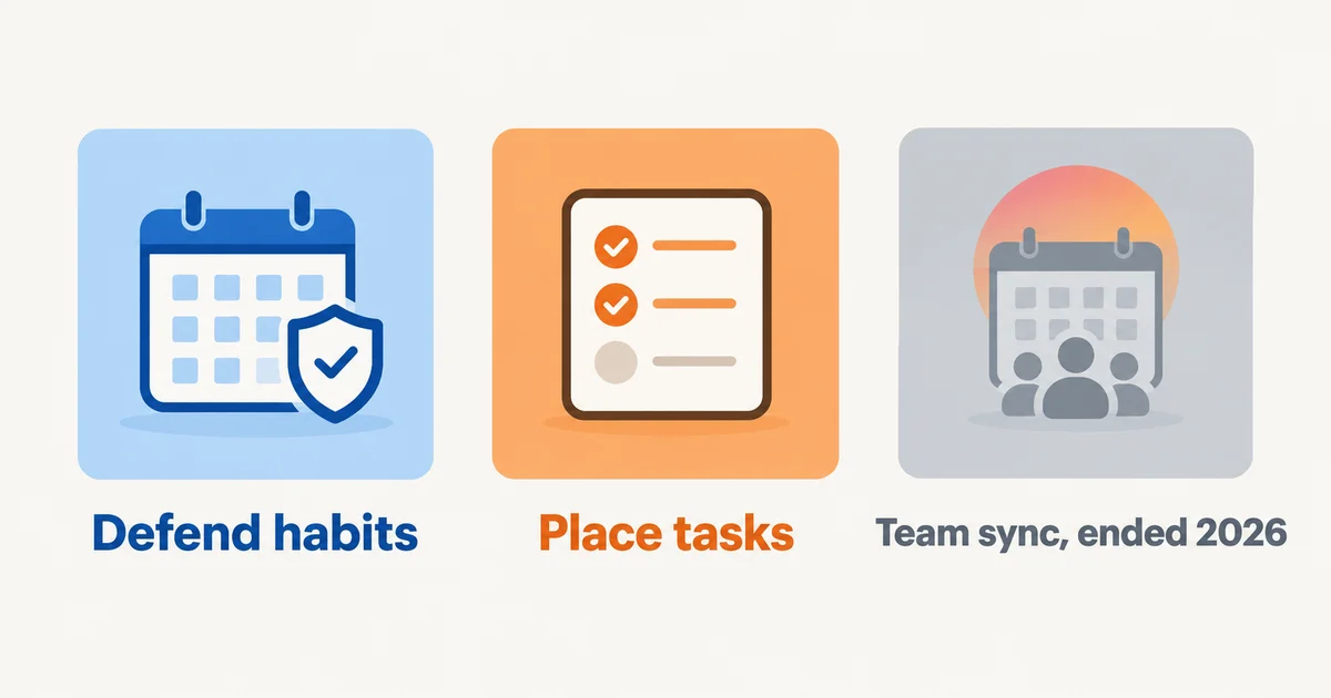 Three panels showing what each AI calendar optimizes: Reclaim defends habits, Motion places tasks, team sync ended 2026