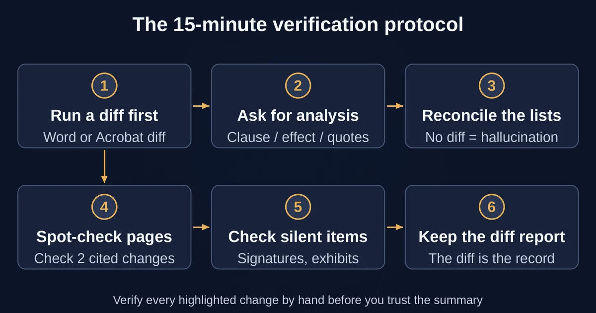 Six-step manual verification protocol for checking AI document diffs