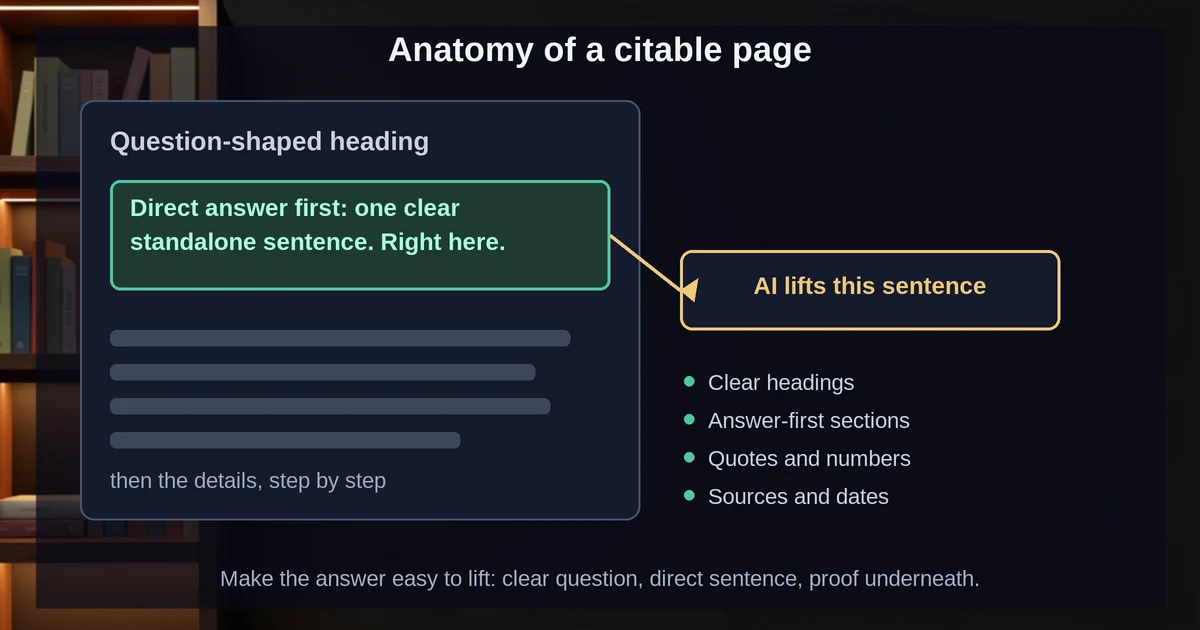Anatomy of a citable page: question heading, direct answer, details