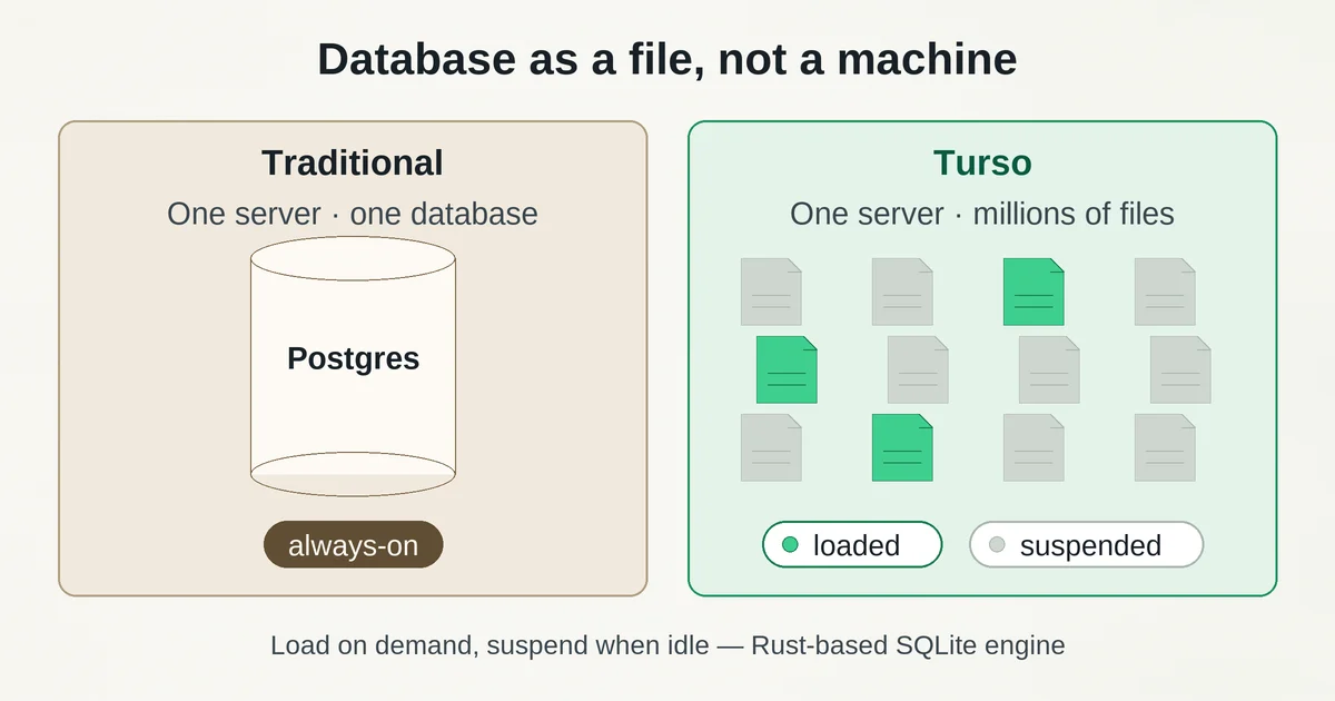 Turso architecture: one server loading and suspending millions of small file databases instead of one machine per database