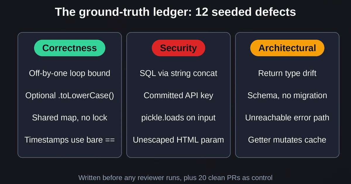 Ledger of 12 seeded defects across correctness, security and architectural categories