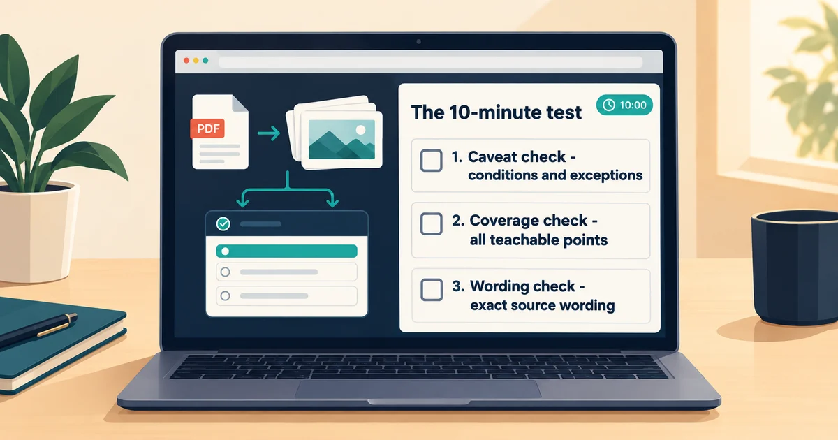 The ten-minute test checklist: caveat, coverage and wording checks with a 10:00 timer