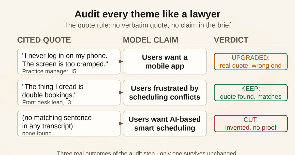 Three audited themes with quotes, claims and verdicts