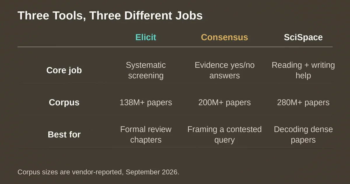 Comparison table of Elicit, Consensus, and SciSpace core jobs