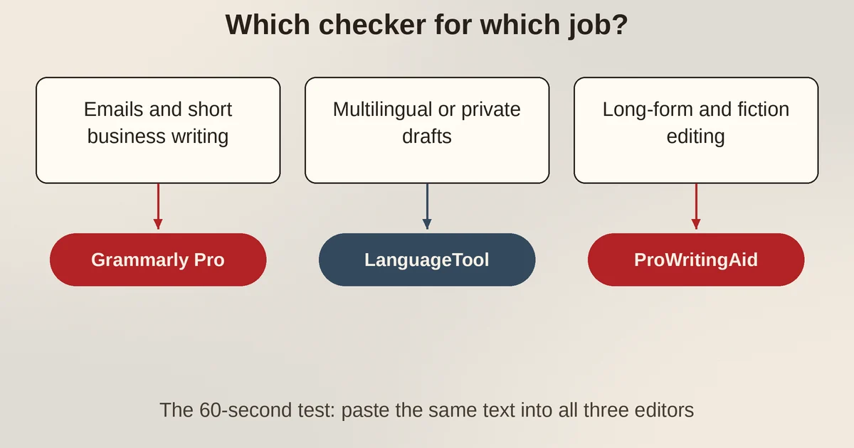 Decision flow matching each writing job to Grammarly Pro, LanguageTool or ProWritingAid