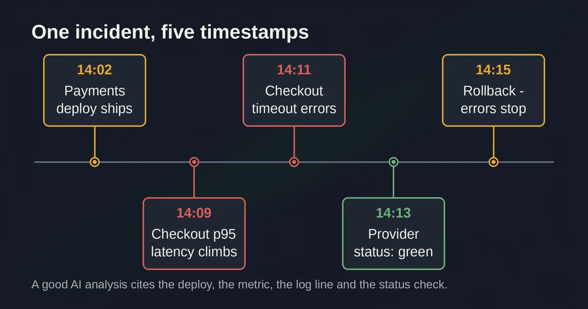 Incident timeline from 14:02 deploy to 14:15 rollback with five key events
