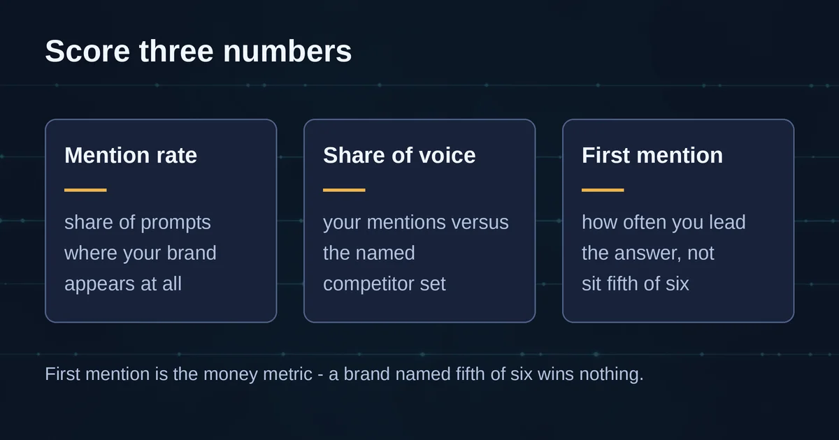 Three GEO audit metric cards defining mention rate, share of voice, and first mention rate
