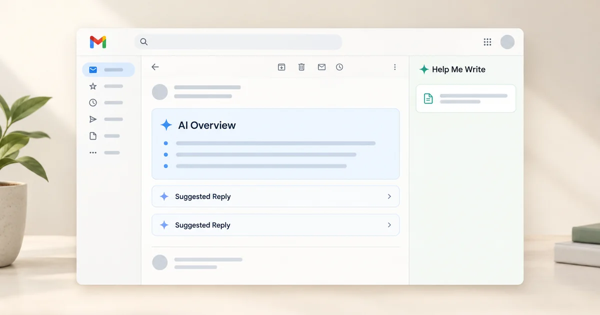 Gmail inbox showing AI Overview thread summary and suggested replies