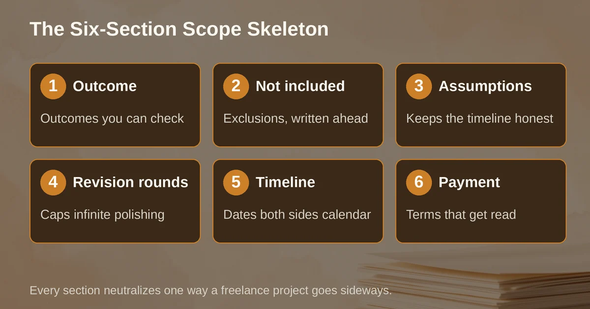 Six-section scope of work skeleton cards, numbered one to six