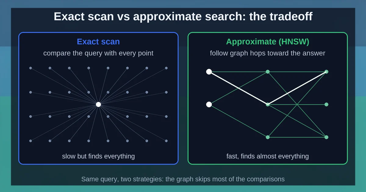 Exact scan compares every point while HNSW follows graph hops to almost the same answer