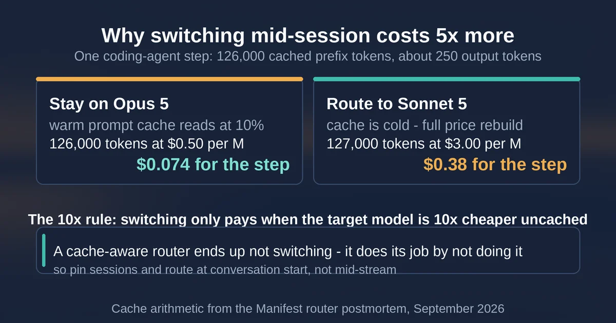 Two-lane comparison of one coding-agent step: staying on a warm prompt cache costs about five times less than routing mid-session to a cold model