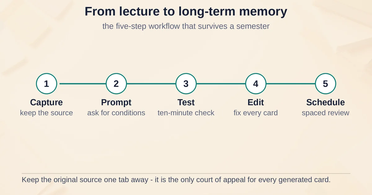Five-step study workflow path from capturing the source to spaced review