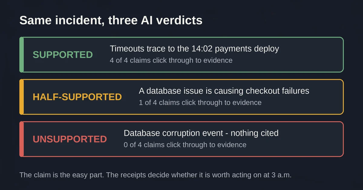 Three AI verdict rows graded by how many claims cite evidence
