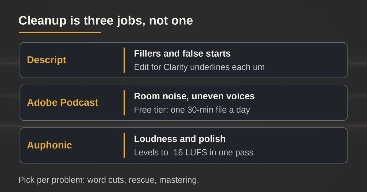 Three cleanup lanes matching Descript, Adobe Podcast and Auphonic to their audio problems