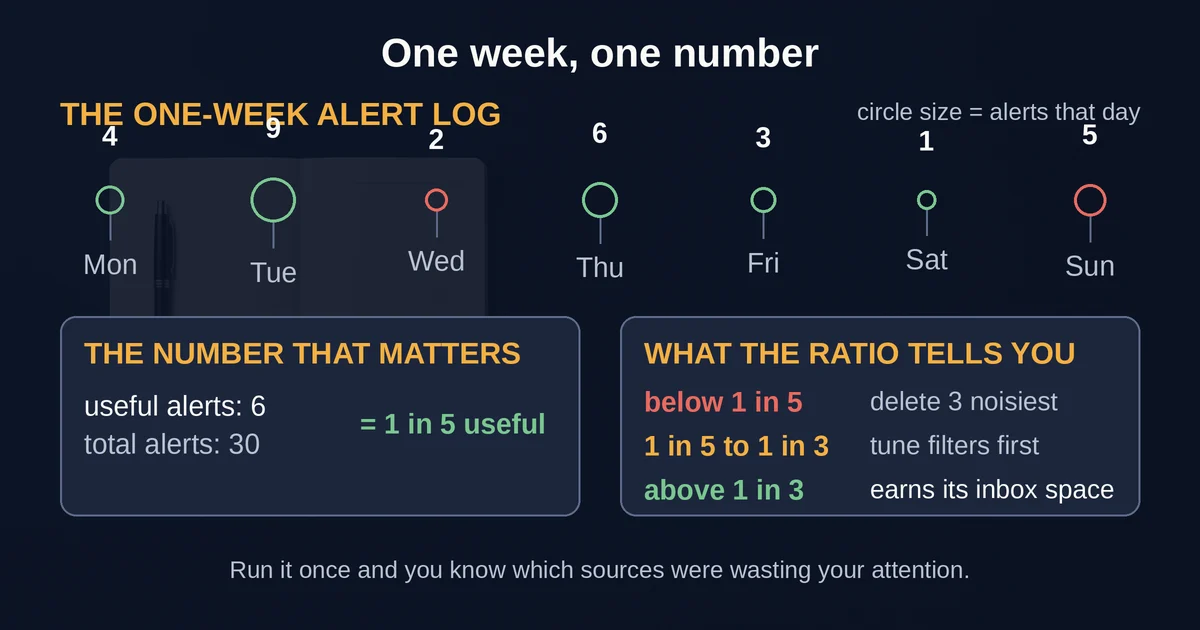 One-week alert log timeline with six useful alerts out of thirty and the threshold bands