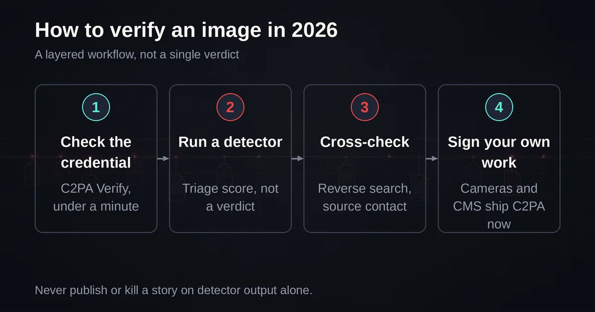 Four step verification workflow from credential check to signing own content