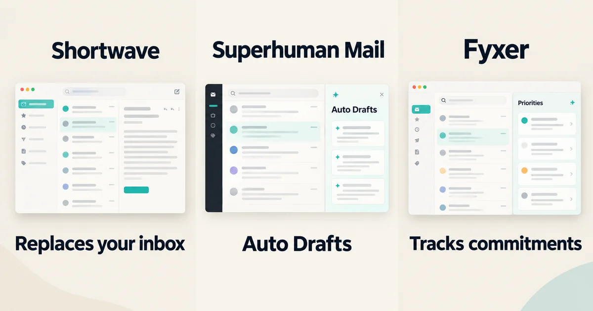 Three panels comparing Shortwave, Superhuman Mail, and Fyxer inboxes