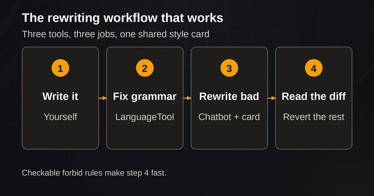 Four step rewriting workflow: write, fix grammar, rewrite, read the diff