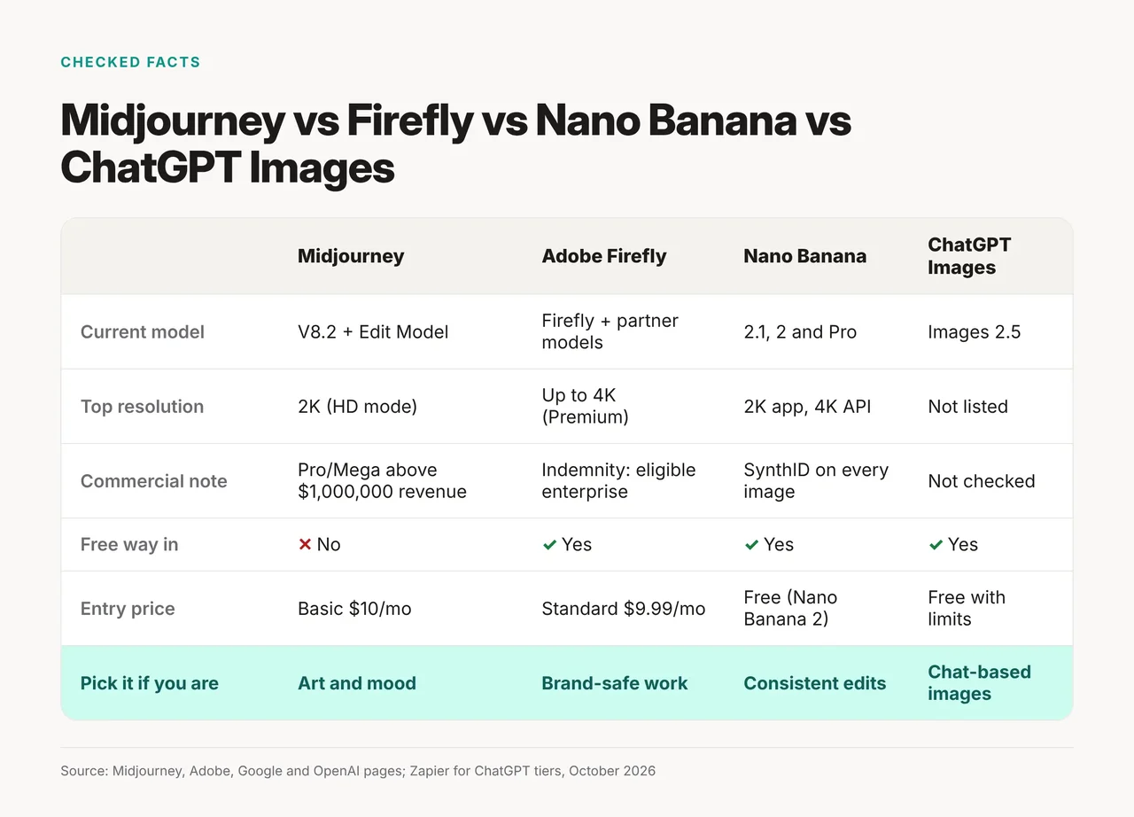 Checked facts matrix: Midjourney starts at $10 with no free plan, Firefly at $9.99 with free daily generations, Nano Banana 2 and ChatGPT Images are free to start